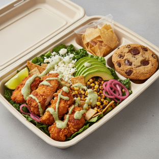 Crispy Chicken Poblano Salad with a Bag of Chips and a Chocolate Chip Cookie