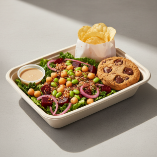 Plant Power Salad with a Bag of Chips and a Chocolate Chip Cookie