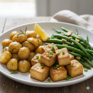 Garlic Fried Tofu, Roasted Fingerling Potatoes and Sauteed Green Beans