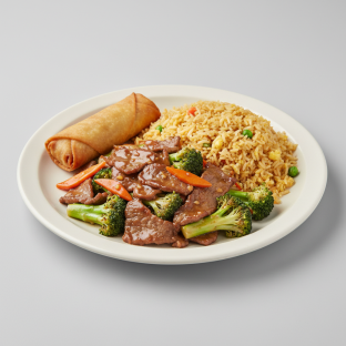 Beef Broccoli with Fried Rice and Egg Roll