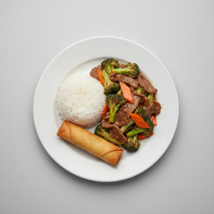 Beef Broccoli with Steamed Rice and Egg Roll