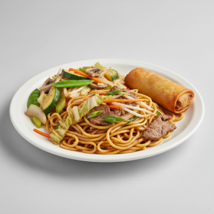 Beef Lo Mein with Mixed Vegetables and Egg Roll