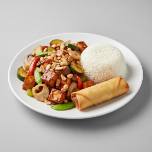 Kung Pao Tofu with Steamed Rice and Egg Roll