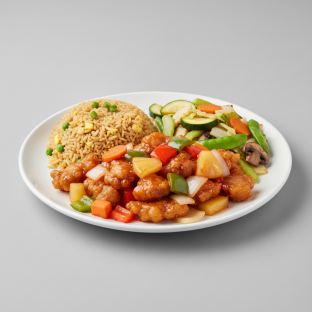 Sweet and Sour Pork with Fried Rice and Mixed Vegetables