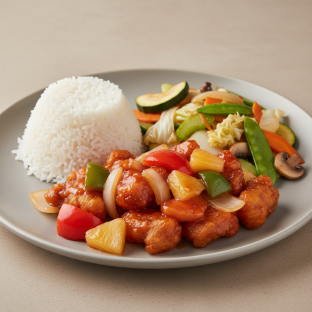 Sweet and Sour Pork with Steamed Rice and Mixed Vegetables