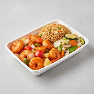 Sweet and Sour Shrimp with Fried Rice and Mixed Vegetables