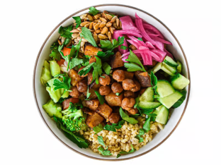 Chickpea Potato Hearty Bowl with Avocado and Walnuts and Lemon Thyme Sauce