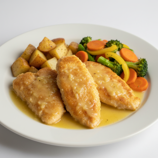 Chicken Francese with Potato and Veg Chicken Francese with Potato and Veg