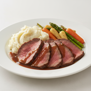 Eye Round Dinner (Roast Beef) with Au Jus, Mashed Potato and Veg Eye Round Dinner (Roast Beef) with Au Jus, Mashed Potato and Veg