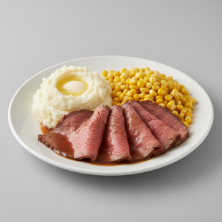 Eye Round Dinner (Roast Beef) with Au Jus, Mashed Potato, and Corn. Eye Round Dinner (Roast Beef) with Au Jus, Mashed Potato, and Corn.