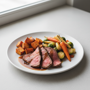 Eye Round Dinner (Roast Beef) with Au Jus, Sweet Potato, and Veg Eye Round Dinner (Roast Beef) with Au Jus, Sweet Potato, and Veg