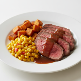 Eye Round Dinner (Roast Beef) with Au Jus, Sweet Potato, and Corn Eye Round Dinner (Roast Beef) with Au Jus, Sweet Potato, and Corn