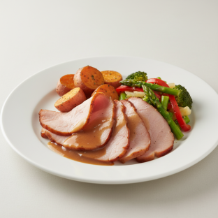Roasted Ham With Gravy, Sweet Potato, Veg Roasted Ham With Gravy, Sweet Potato, Veg