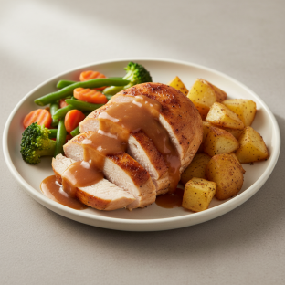 Roasted Chicken Breast With Gravy, Potato and Veg Roasted Chicken Breast With Gravy, Potato and Veg