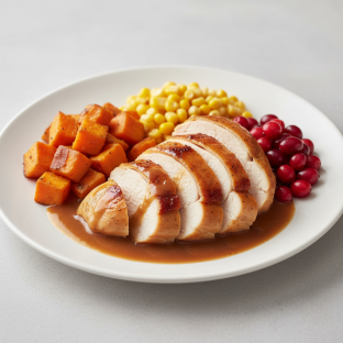 Roasted Chicken Breast With Gravy, Sweet Potato, Corn and Cran Roasted Chicken Breast With Gravy, Sweet Potato, Corn and Cran