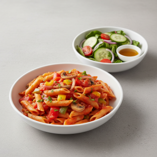 Gluten Free Vegan Penne Marinara with Mixed Vegetables | Garden Salad