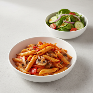 Gluten Free Vegan Penne Arrabiata with Mixed Vegetables | Garden Salad