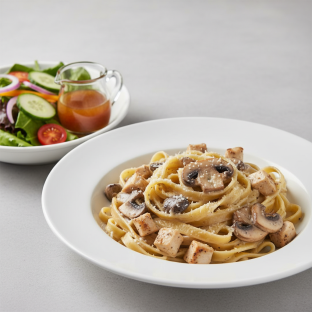 Mushroom Cream Fettuccine with Chicken | Garden Salad