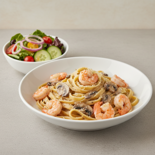 Mushroom Cream Fettuccine with Shrimp | Garden Salad