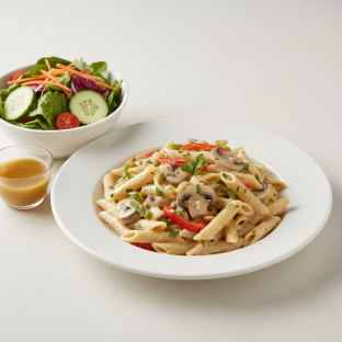 Mushroom Cream Gluten Free Penne with Mixed Vegetables | Garden Salad