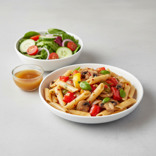 Gluten Free Penne Aglio with Mixed Vegetables | Garden Salad