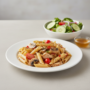 Gluten Free Penne Aglio with Chicken | Garden Salad