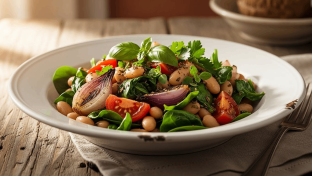 Tuscan Bean Salad Sauteed Baby Spinach, Roasted Shallots, Tomato, and Fresh Herbs
