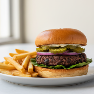 Vegan Black Bean Burger with Fries
