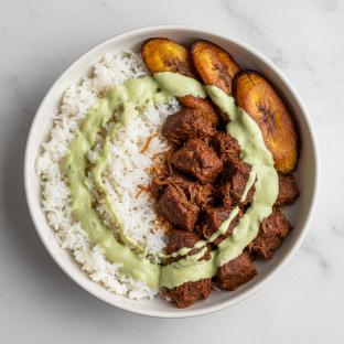 Macro Bowl: Double Beef, Plantains, Jasmine Rice, avocado goddess