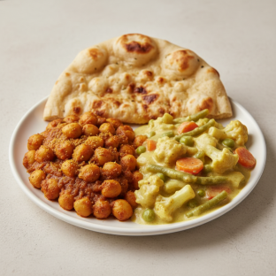 Chana Masala with Veggie Korma and Naan