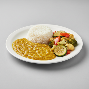 Dal Yellow Tadka with Rice and Tawa Vegetables