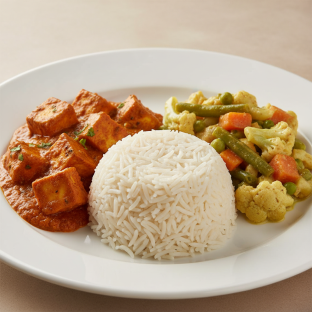 Paneer Tikka Masala with Rice and Veggie Korma