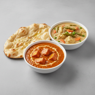 Paneer Tikka Masala with Naan and Veggie Korma