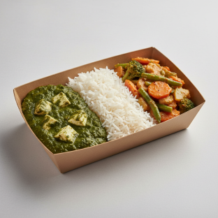 Palak Paneer with Rice and Veggie Korma