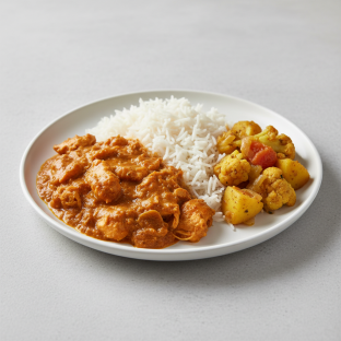 Butter Chicken with Rice and Aloo Gobi