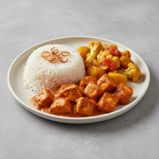 Chicken Tikka Masala with Rice and Aloo Gobi