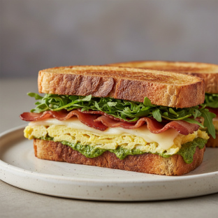 Breakfast Panini with Crispy Pancetta and Arugula Pesto Mayo