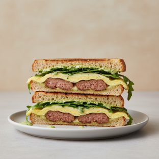 Breakfast Panini with Sausage and Arugula Pesto Mayo