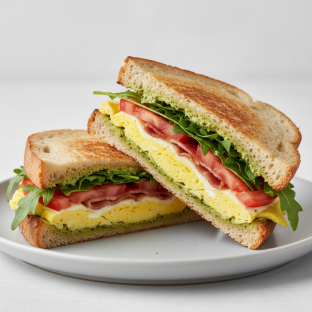 Breakfast Panini with Crispy Pancetta and Arugula Pesto Mayo + Fresh Tomato