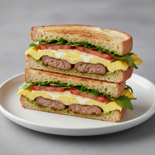 Breakfast Panini with Sausage and Arugula Pesto Mayo + Fresh Tomato