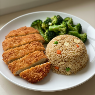 Jackfruit Katsu with Vegan Fried Rice and Shredded Cabbage