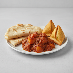 Chicken Vindaloo with Plain Naan and Vegan Samosa Chicken Vindaloo with Plain Naan and Vegan Samosa