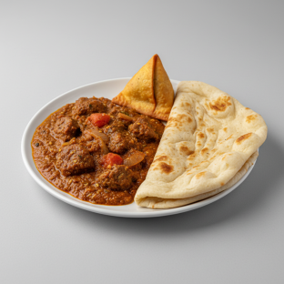 Lamb Curry with Plain Naan and Vegan Samosa Lamb Curry with Plain Naan and Vegan Samosa