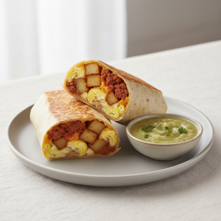 Chorizo, Egg and Cheese Breakfast Burrito With Side of Salsa