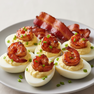 Devil Eggs with Bbq Smoked Shrimp, Chives and Candied Bacon