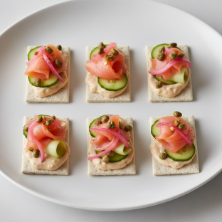 Smoked Salmon, Signature Remoulade, Cucumbers, Pickled Red Onion, Crispy Capers Water Crackers