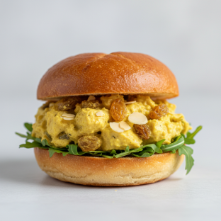 Curried Chicken Salad, Golden Raisins, Shaved Almonds, Arugula, Toasted Mini Brioche Bun