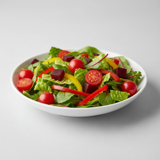Romaine, Spring Mix, Cherry Tomatoes, Bell Peppers, and Beets.