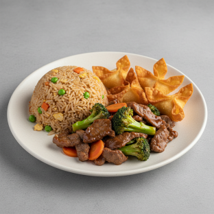 Beef Broccoli with Fried Rice and Crab Wontons