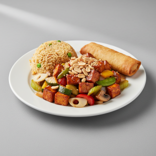 Kung Pao Tofu with Fried Rice and Egg Roll